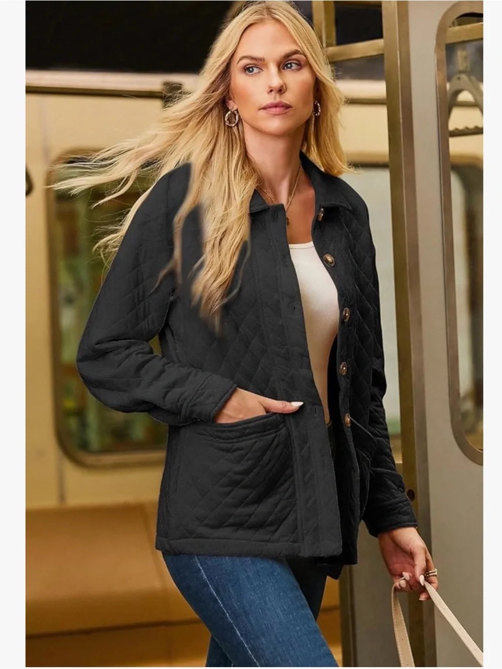 Quilted Black Button-Up Jacket - Picture 2 of 7
